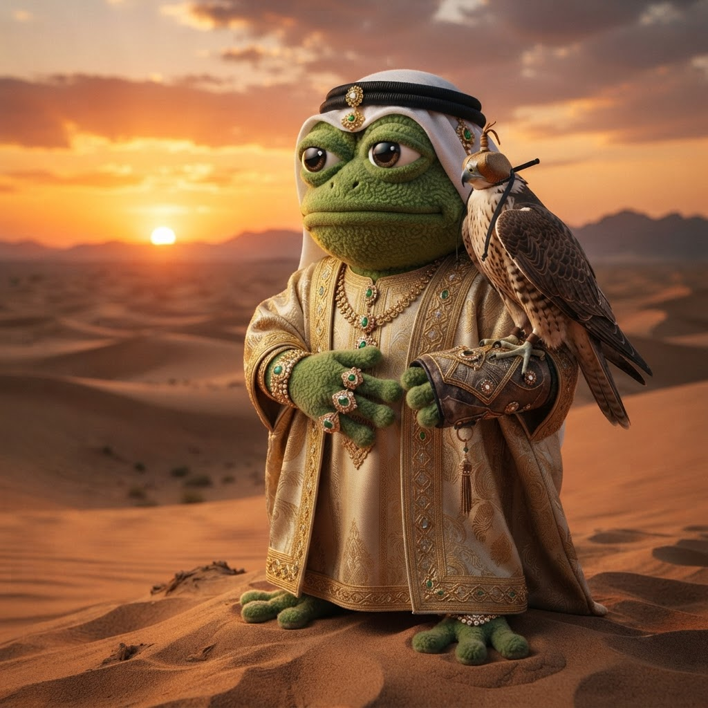 Seikh Toad in the desert at sunset with a falcon perched on his hand