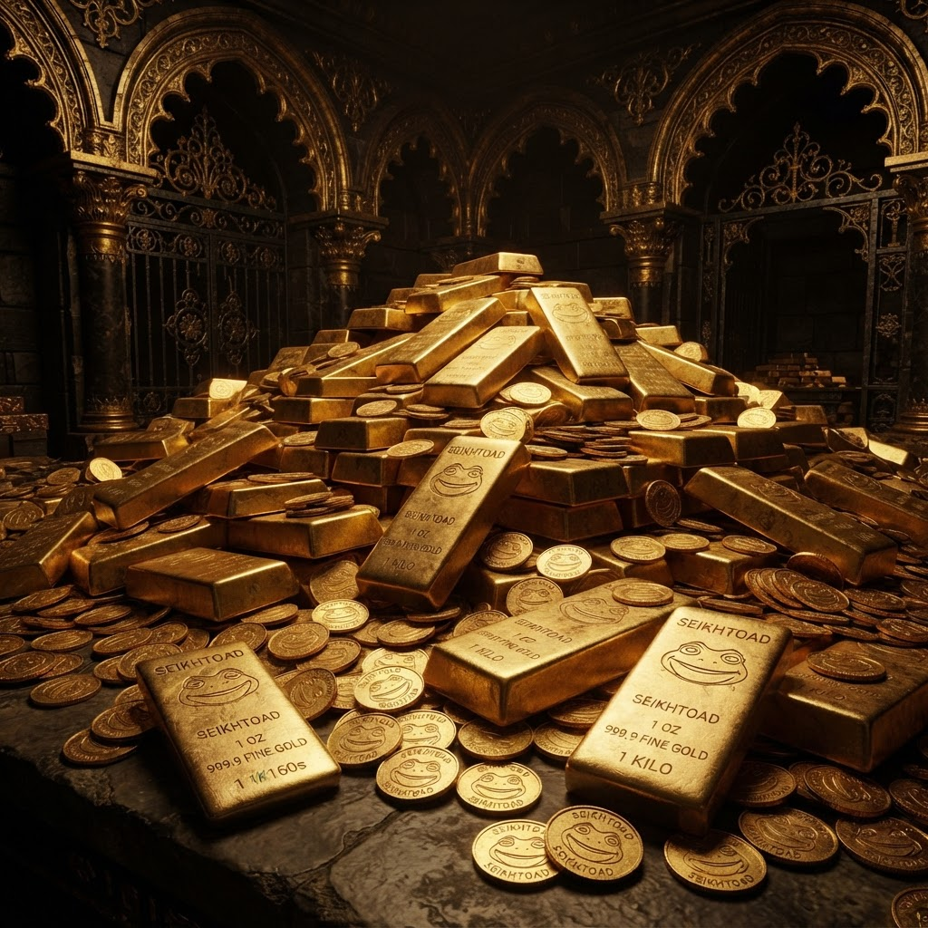 A vault filled with gold bars and gold coins stamped with the SEIKHTOAD toad face