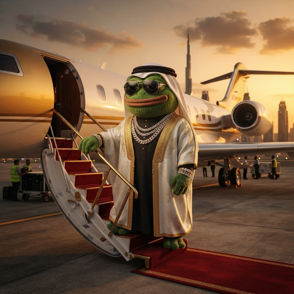 Seikh Toad boarding a private gold and white jet on a Dubai runway at golden hour
