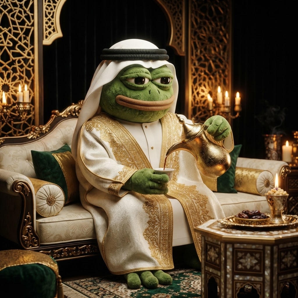 Seikh Toad seated in an ornate gold majlis pouring Arabic coffee from a golden dallah