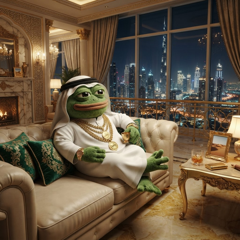 Seikh Toad reclining in an opulent Dubai penthouse overlooking the night skyline