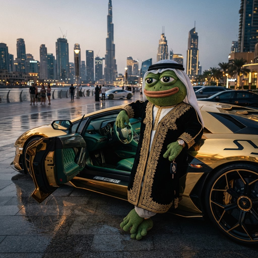 Seikh Toad leaning on a chrome gold supercar in front of the Dubai skyline