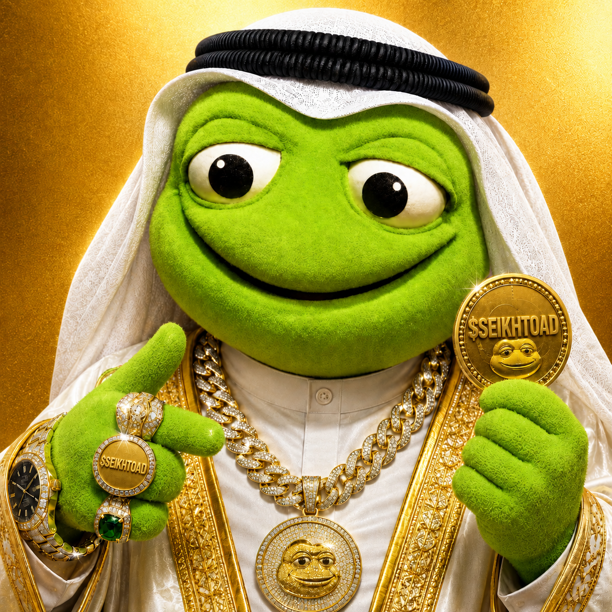 Seikh Toad, a green toad dressed as a Dubai sheikh in white robes and heavy gold jewellery, holding a gold $SEIKHTOAD coin